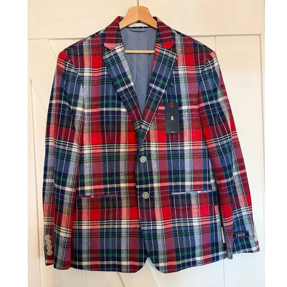 NWT IZOD Plaid Linen Blend Sport Coat Blazer 42S Preppy Derby Golfcore - Picture 1 of 14